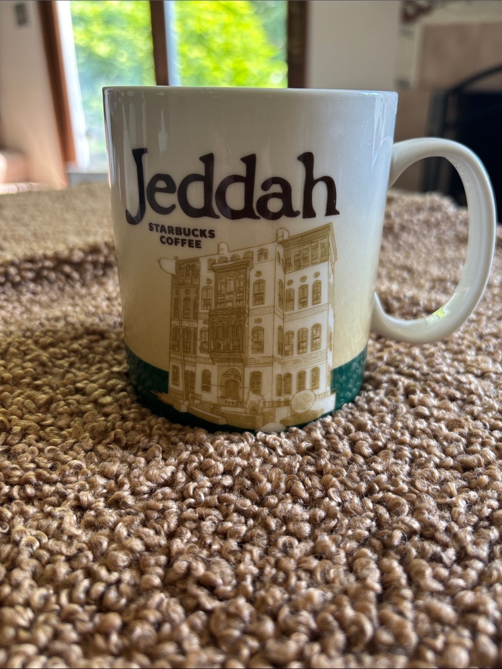 Starbucks Jeddah Mug with Gold Artwork and Green Band
